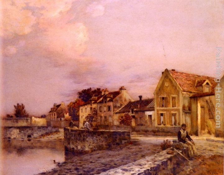 Jean-Charles Cazin Figures At The Village Pond, Sunset